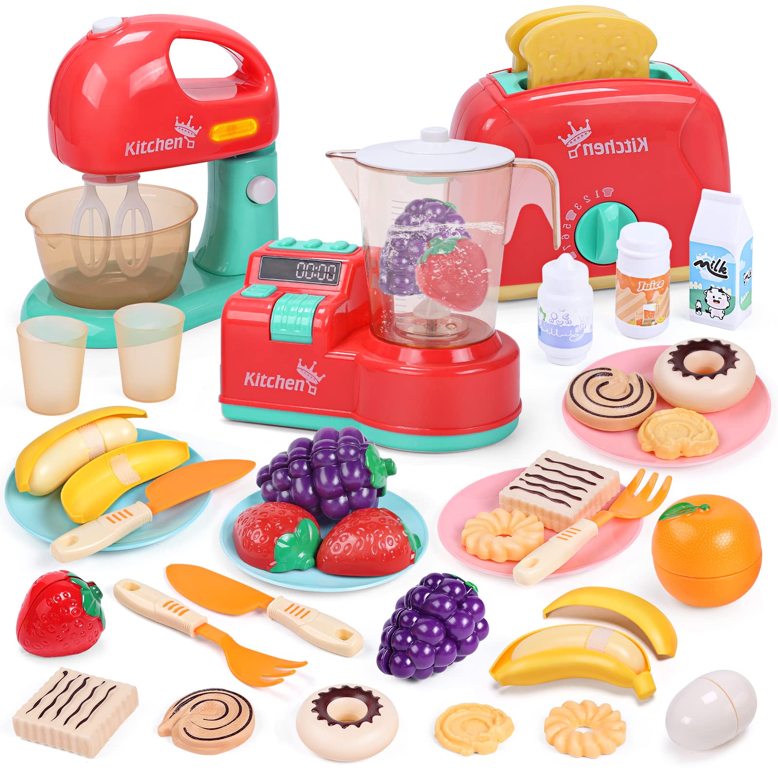 CUTE STONE Toy Kitchen Appliances Playset Kids Kitchen Toy Mixer and Blender with Sound Lights Play Toaster Cutting Play Food Toddler Play