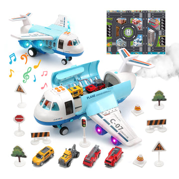 CUTE STONE Toy Airplane Plane Toy with Smoke, Sound and Light, Fricton Powered Airplane with Mini Cars, Birthday Gift for Boys and Girls