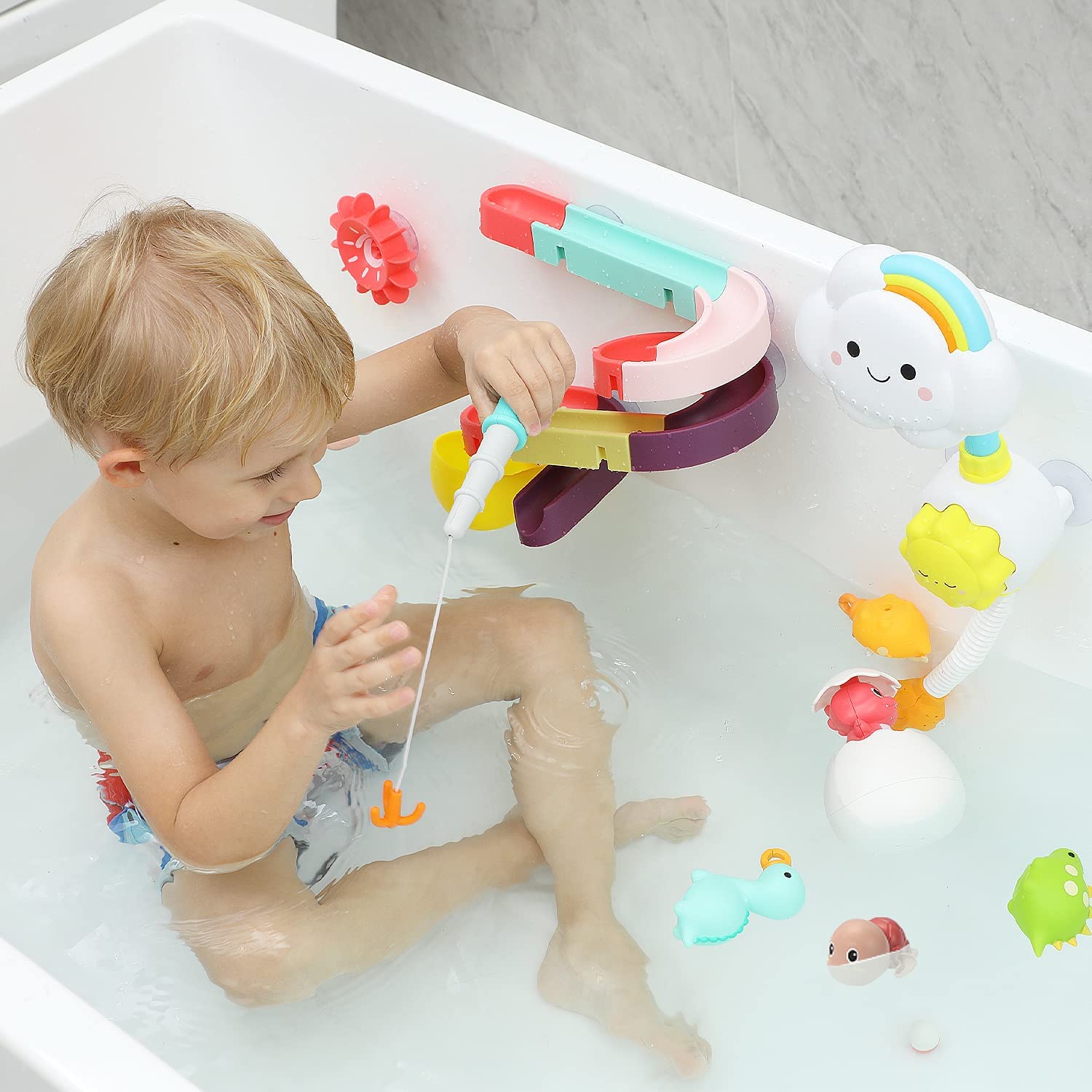 CUTE STONE Bath Toy Bathtub Toy with Shower and Floating Squirting Toys,  Fishing Game for Toddles and Babies