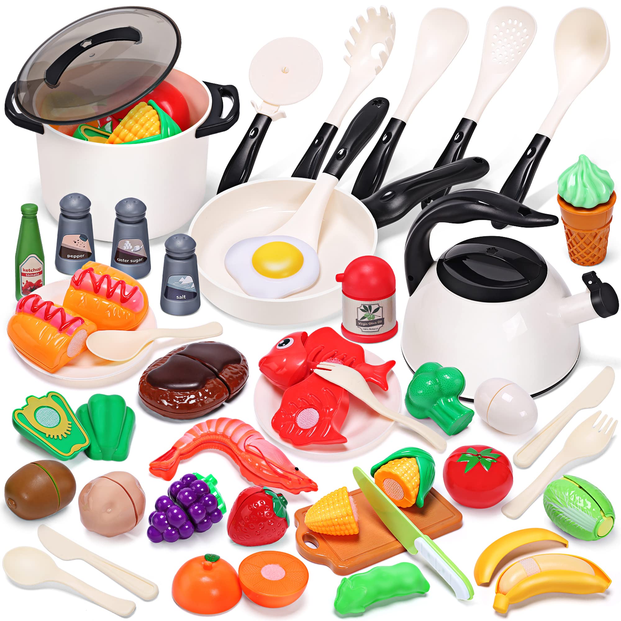 Cute Stone CUTE STONE Pretend Play Kitchen Toys with Stainless Steel  Cookware Pots and Pans Set, Toy Cooking Utensils, Apron, Cutting