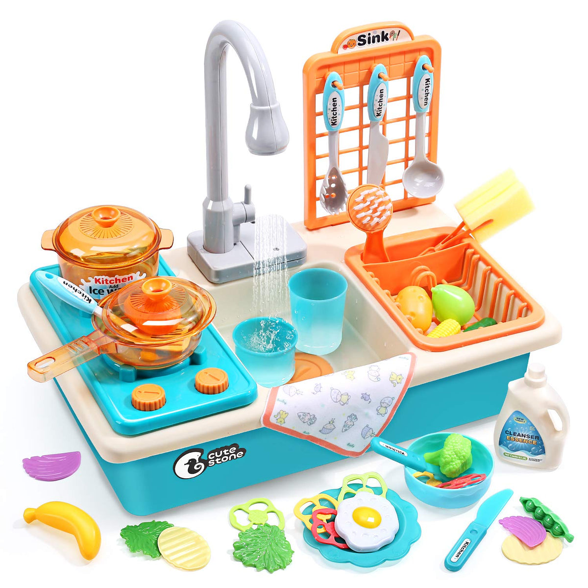 Cute Stone CUTE STONE Pretend Play Kitchen Toys with Stainless Steel Cookware  Pots and Pans Set, Toy Cooking Utensils, Apron, Cutting