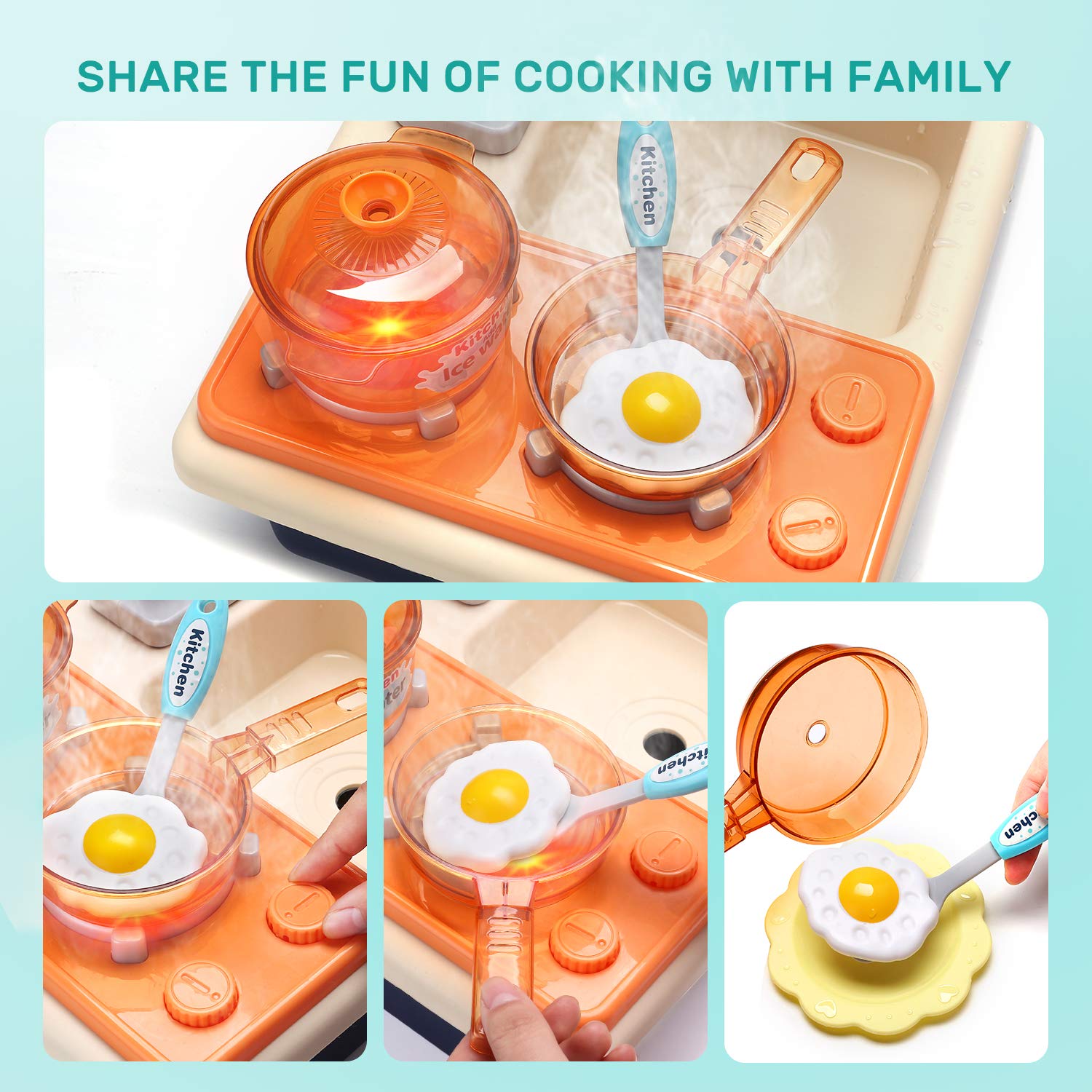 Kitchen Set Multifunction Cooking Kids Toy with Sound and Light Pretend Play Includes Play Food, Kit