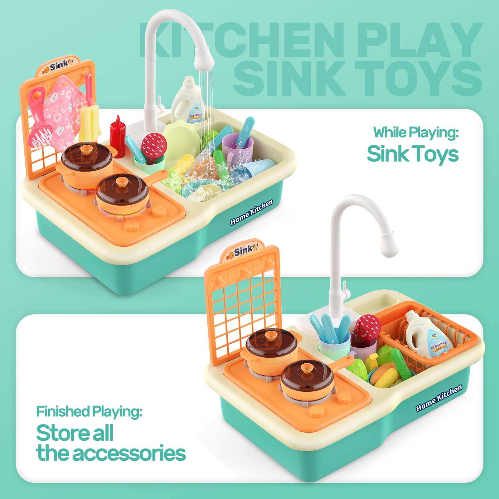 CUTE STONE Play Kitchen, Kids Kitchen Playset with Play Sink, Cooking