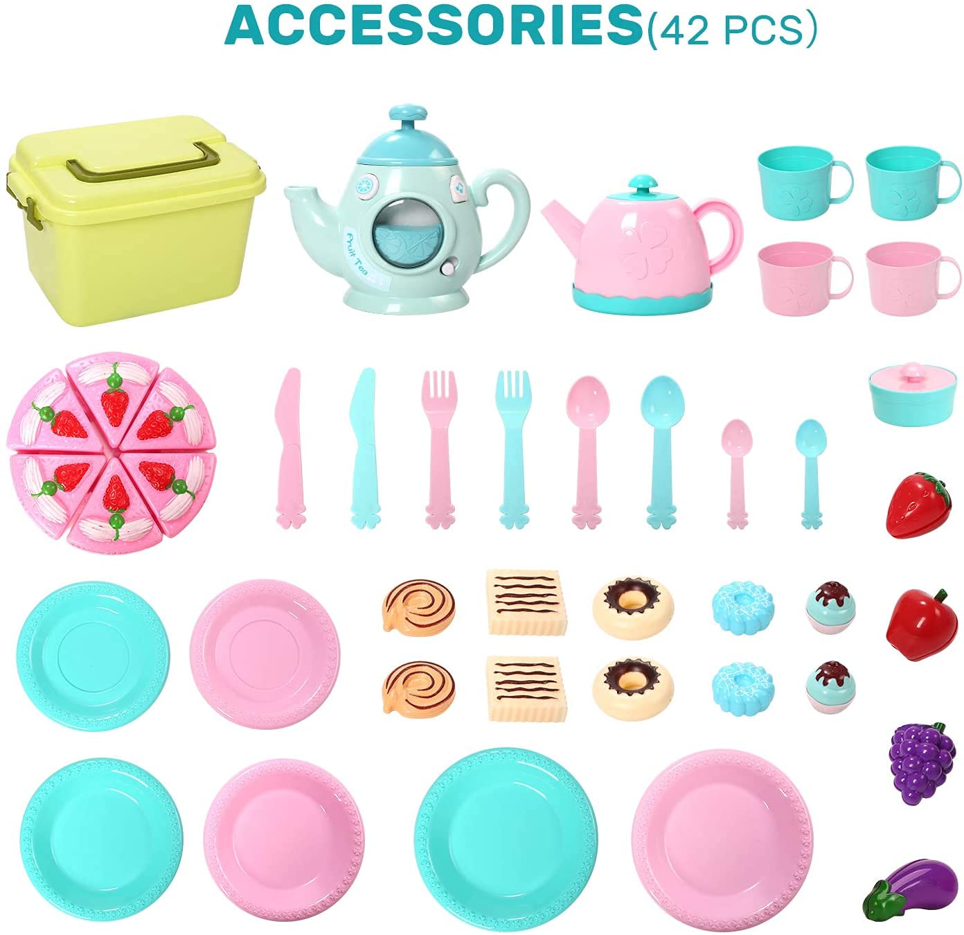 CUTE STONE Kids Toy Tea Party Set Kettle with Light Music, Teapot, Dessert,  Cookies, Play Tea Accessories & Carrying Case