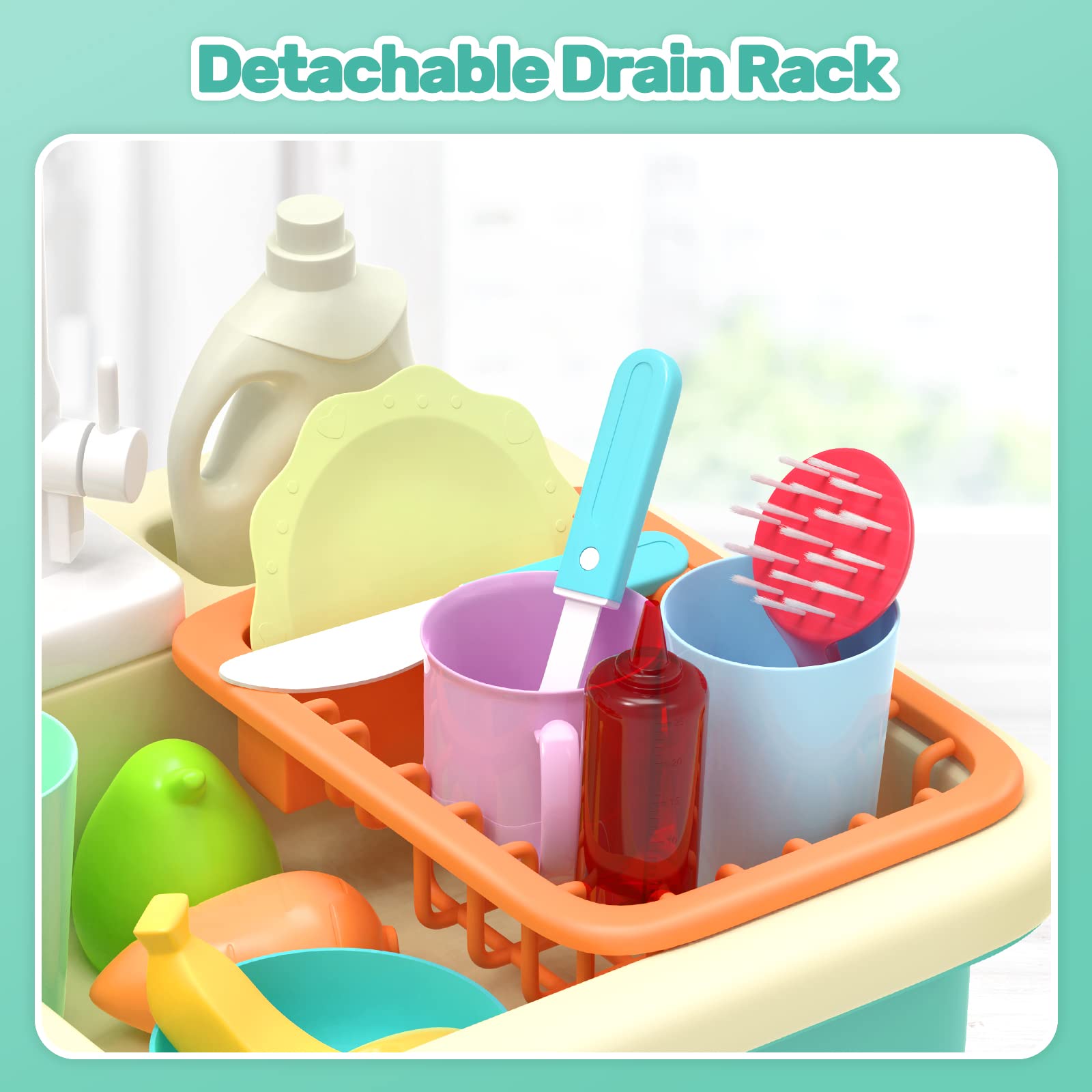 CUTE STONE Play Kitchen Sink Toys with Play Cooking Stove, Cookware Po