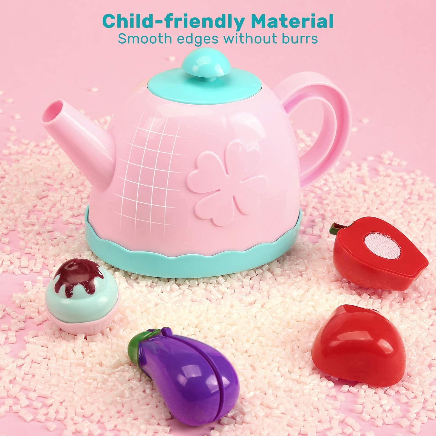 CUTE STONE Kids Toy Tea Party Set Kettle with Light Music, Teapot, Dessert,  Cookies, Play Tea Accessories & Carrying Case